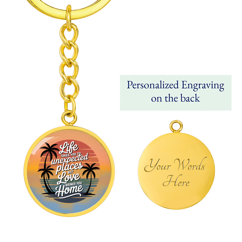 California Sunset Keychain “Love Brings You Home” Circle Keychain | California Beach Gift | Inspirational Graphic Keychain