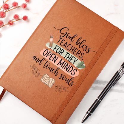 “God Bless Teachers” journal shown with ribbon bookmark