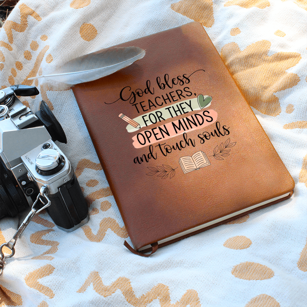 Vegan leather journal gift for teachers wrapped in silver paper