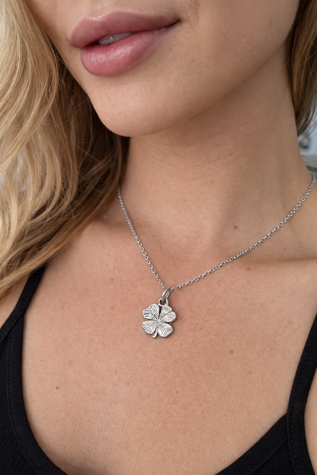Lia Four Leaf Clover Necklace, 4 Leaf Clover Best Friend Jewelry, Rhodium Plated