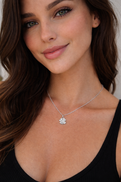 Lia Four Leaf Clover Necklace, 4 Leaf Clover Best Friend Jewelry, Rhodium Plated