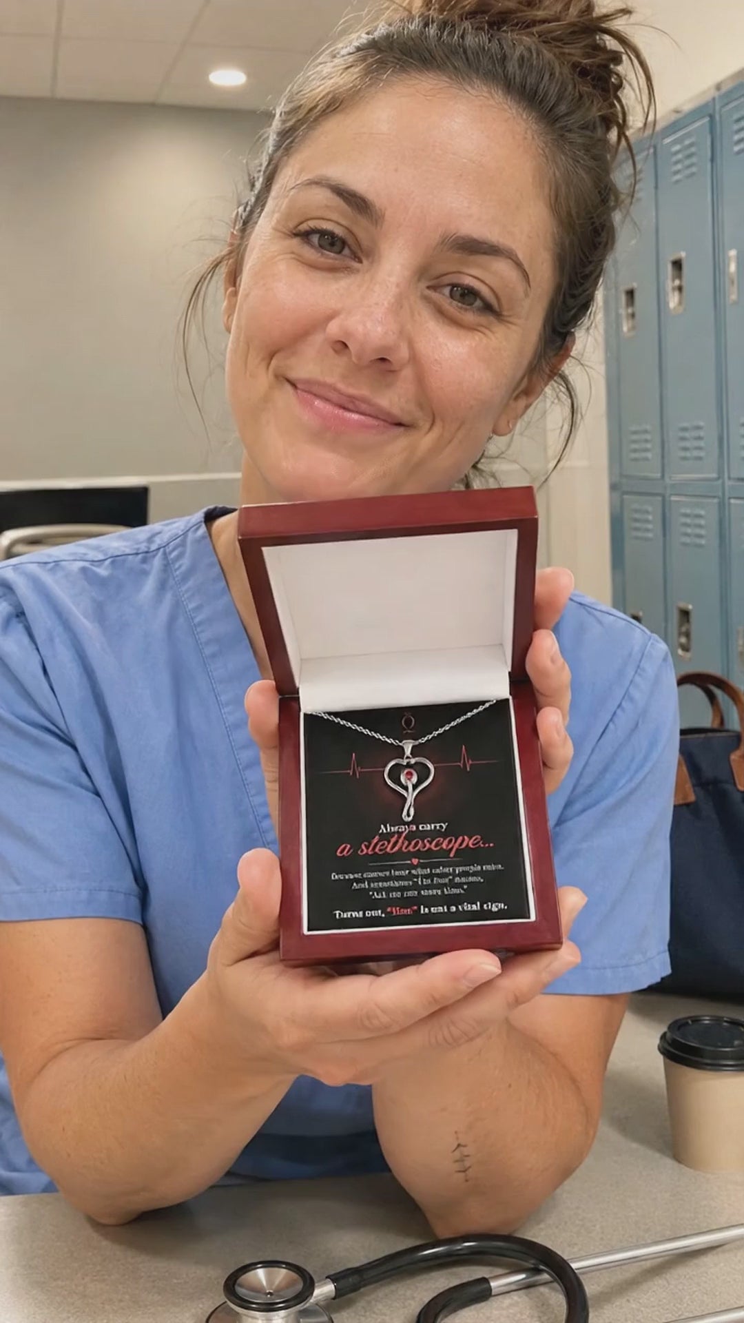 Video showing the Always Carry a Stethoscope nurse necklace and gift presentation