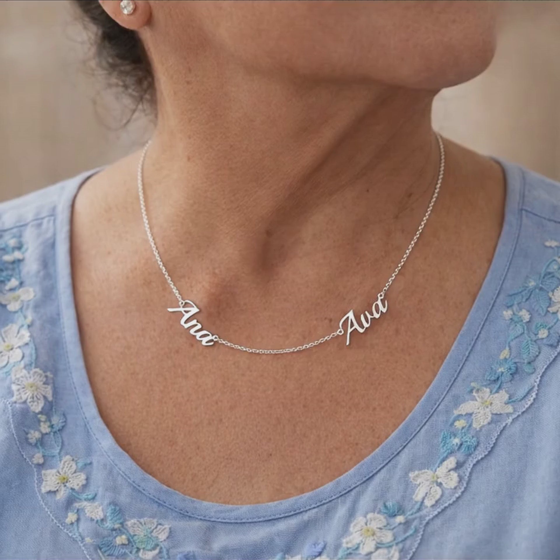 grandma jewelry with cursive script name pendants