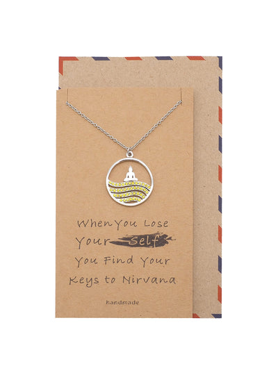 Anatta Buddha Yellow Crystals Pendant Necklace Inspirational Quotes Jewelry Greeting Card