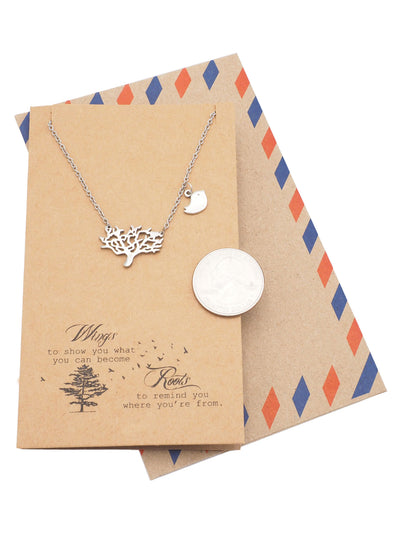 Marj Family Tree Necklace with Bird Charm Pendant and Greeting Card