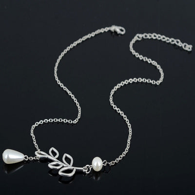 Alice Bridesmaid Gifts Leaf Pearl Pendant Lariat Necklace