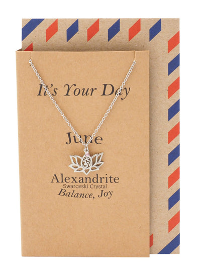 Madeline Birthday Cards Yoga Lotus Flower June Birthstone Necklace with OM Symbol