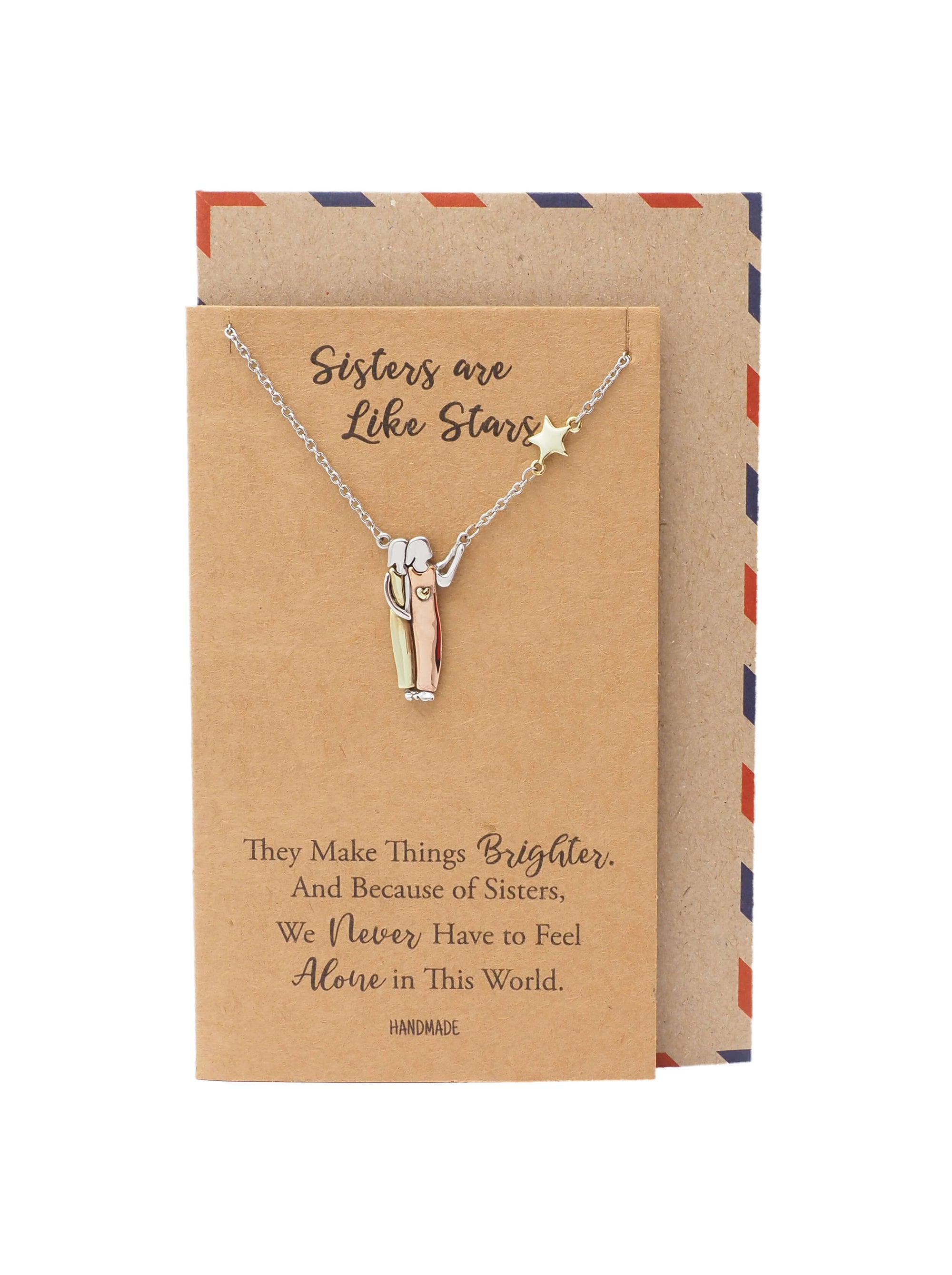 Gracyn Sisters and Star Pendant Necklace, Gifts for Best Friends with Greeting Card