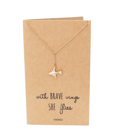 Corrine Brave Lariat Necklace with Airplane Pendant for Women, with Inspirational Quote, Rhodium Plated Jewelry