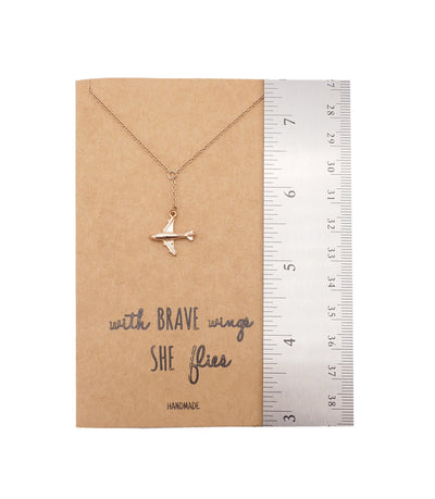 Corrine Brave Lariat Necklace with Airplane Pendant for Women, with Inspirational Quote, Rhodium Plated Jewelry