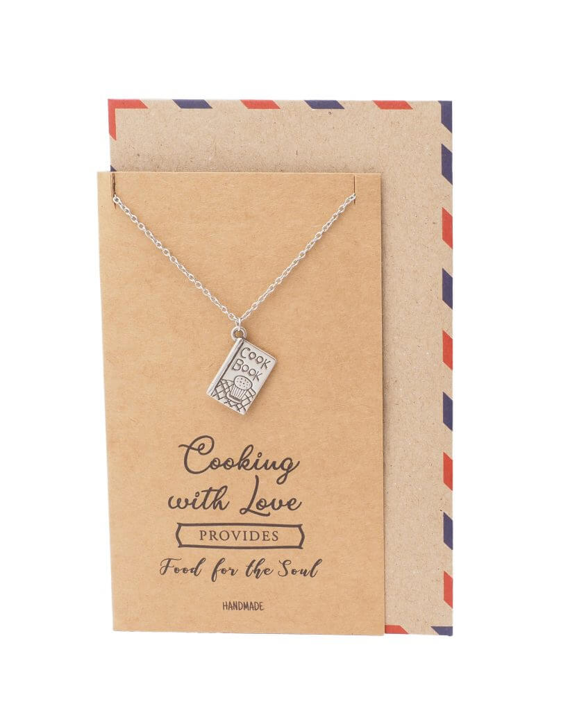 Dahlia Cookbook Pendant Necklace with Quote Card, Gifts for Master Chef Cooks & Bakers