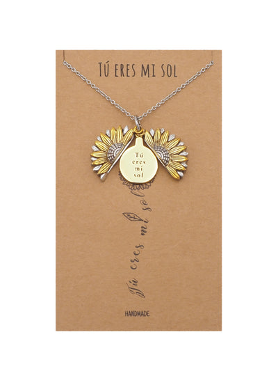 Adalee Tú Eres Mi Sol Necklace, Sunflower Locket Pendant, Spanish Engraved Gifts Jewelry Greeting Cards