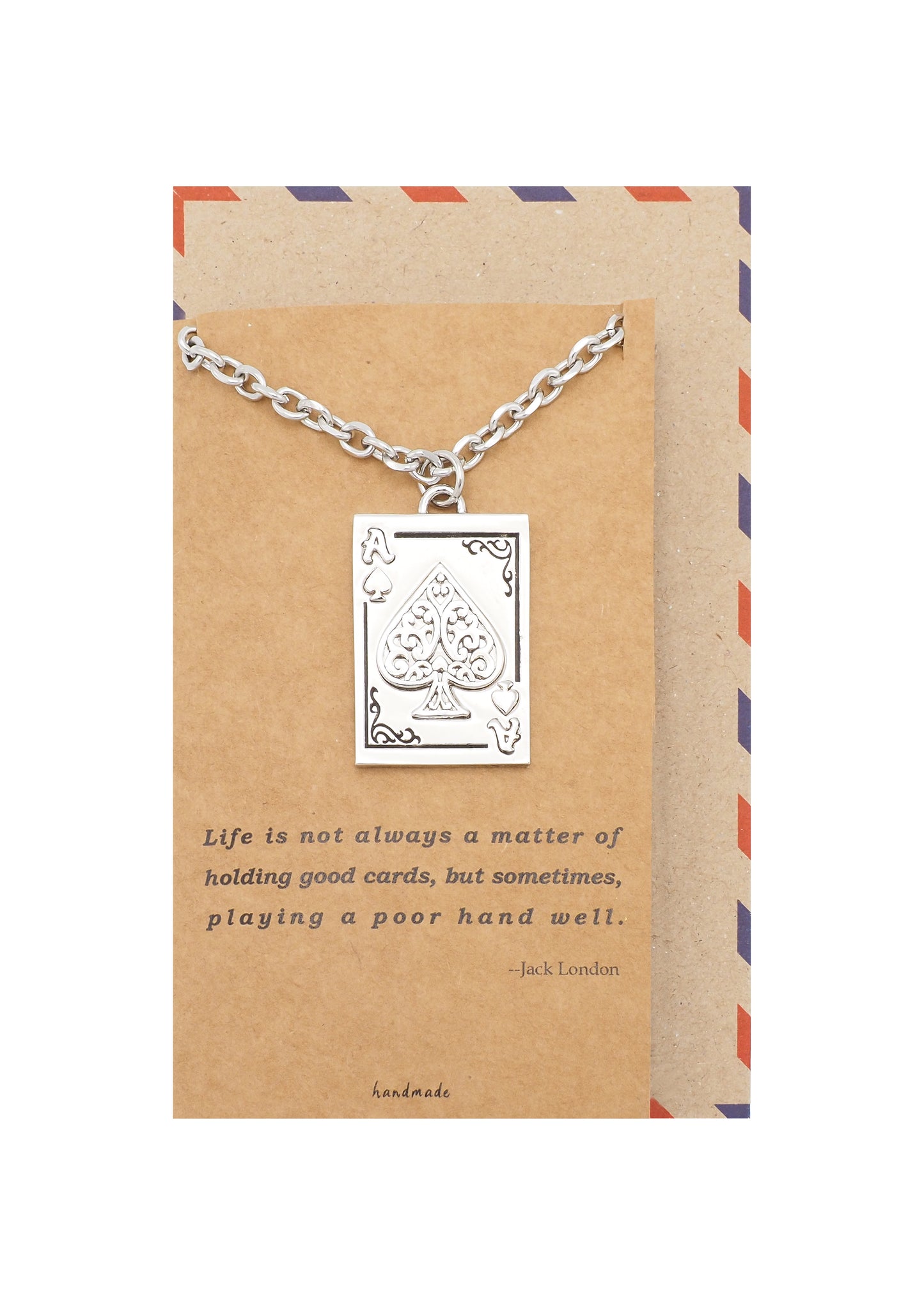 Angelo Ace of Spade Playing Card Pendant Necklace, Best Gifts for Men, Stainless Steel, with Handmade Inspirational Quote Card