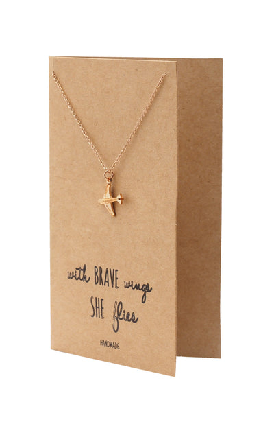 Janice She's Brave Necklace with Airplane Pendant, with Inspirational Quote