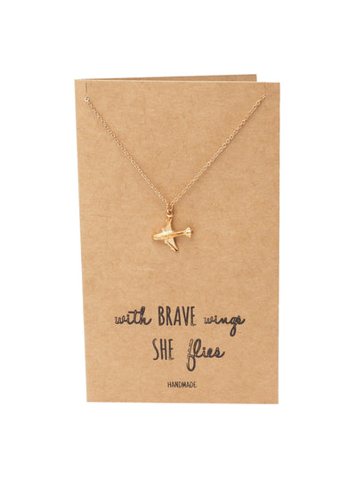 Janice She's Brave Necklace with Airplane Pendant, with Inspirational Quote