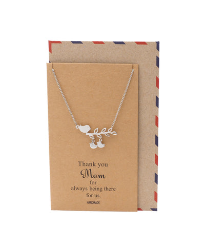 Ardelle Mother's Day Gifts, Mom Bird Necklace with 2 Baby Birds Thank You Card