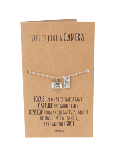 Angela Mini Camera Engraved Pendants Bracelet for Women, Photography Gifts, Inspirational Quote