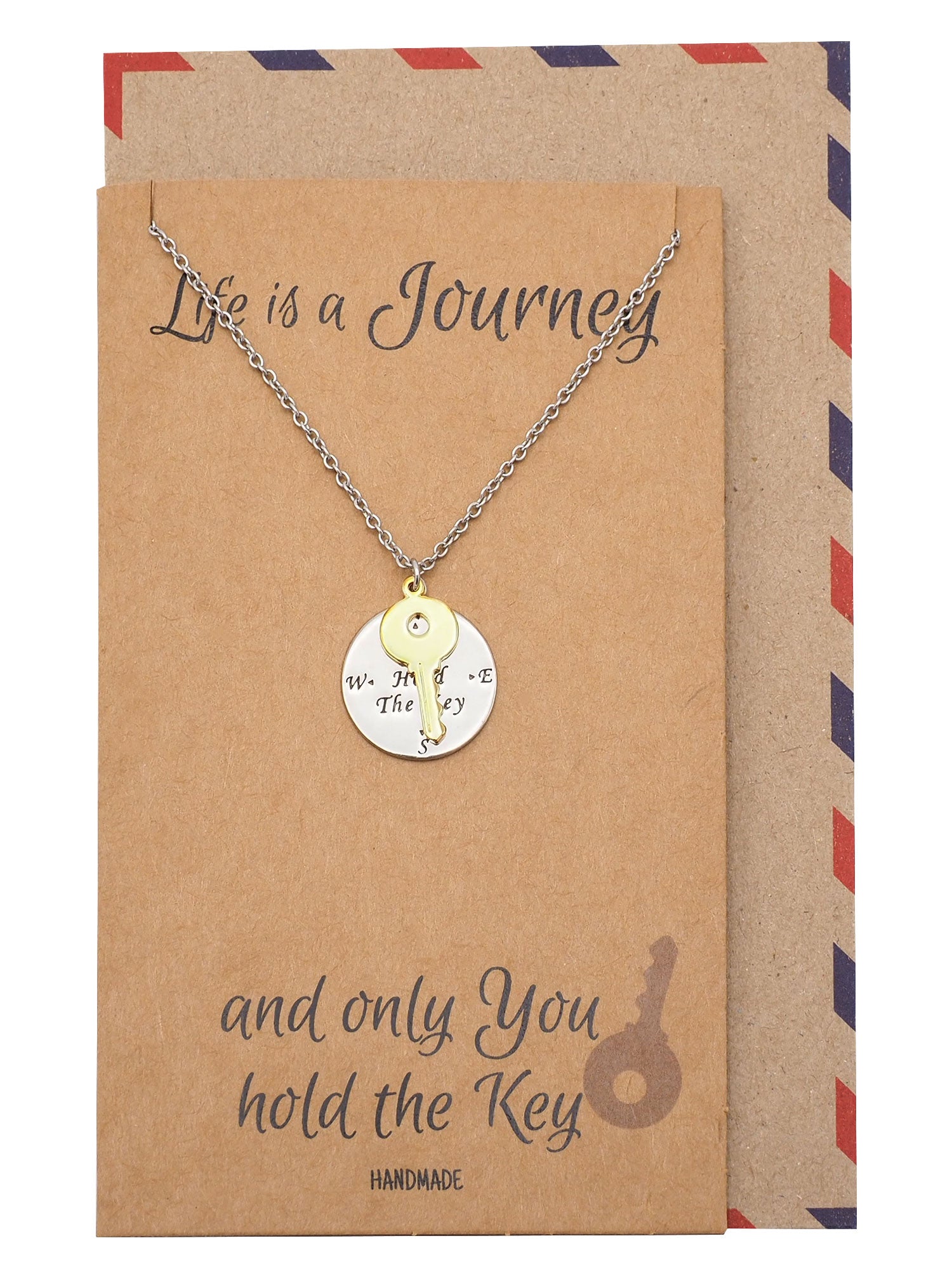 Joesan Compass Plate and Key Charms Necklace Life Is A Journey Inspirational Jewelry