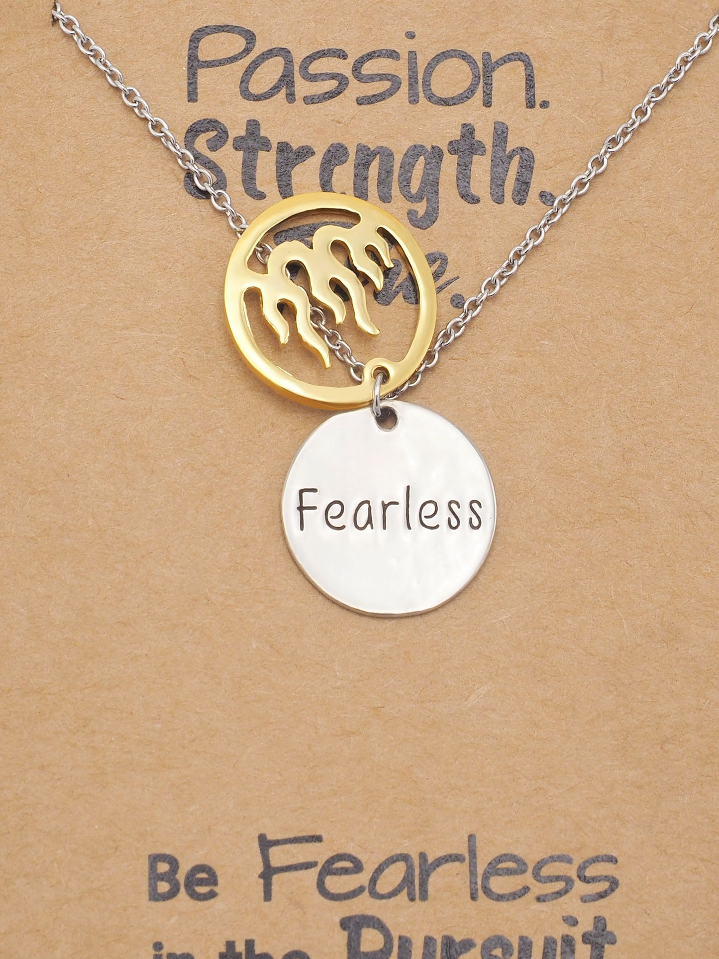 Atara Fire Pendant with Fearless on Plate Charm Necklace 