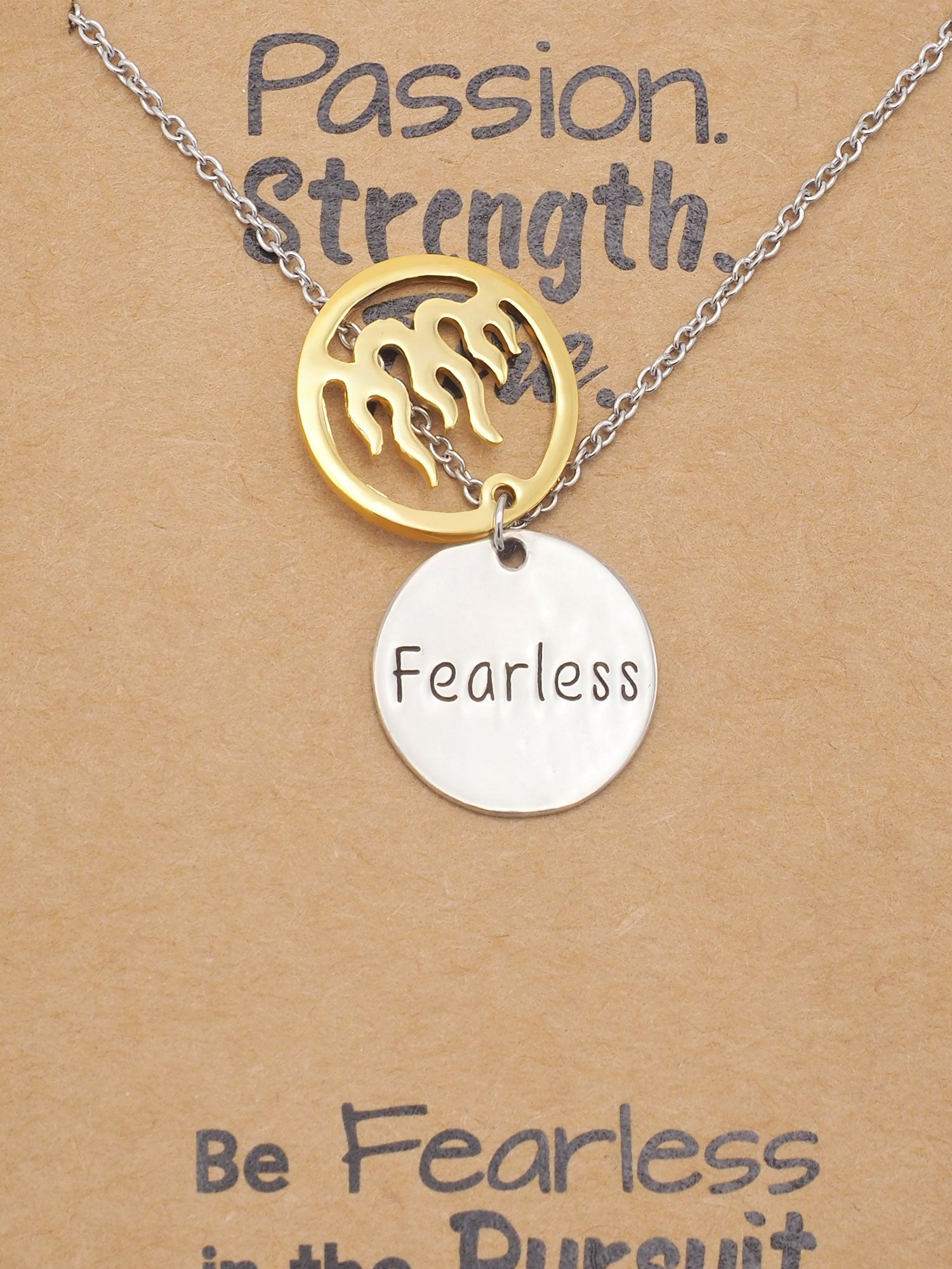 Atara Fire Pendant with Fearless on Plate Charm Necklace 