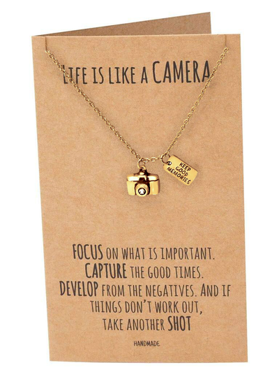 Ida Cute Camera Miniature Pendant Necklace for Women, Selfie Lovers, With Inspirational Quote Card