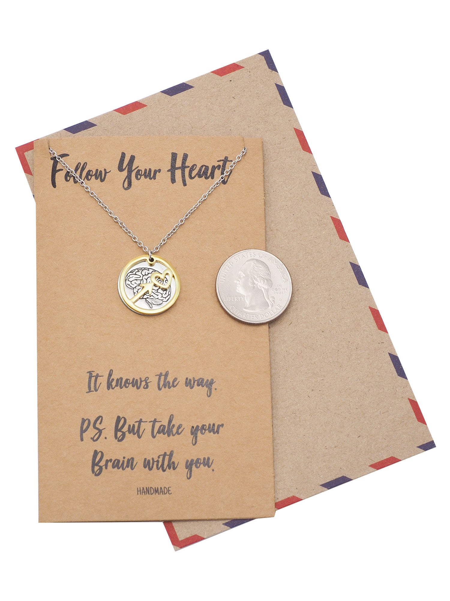 Coline Heart Arrow and Brain on Plate Pendant Necklace Inspirational Quote Greeting Card