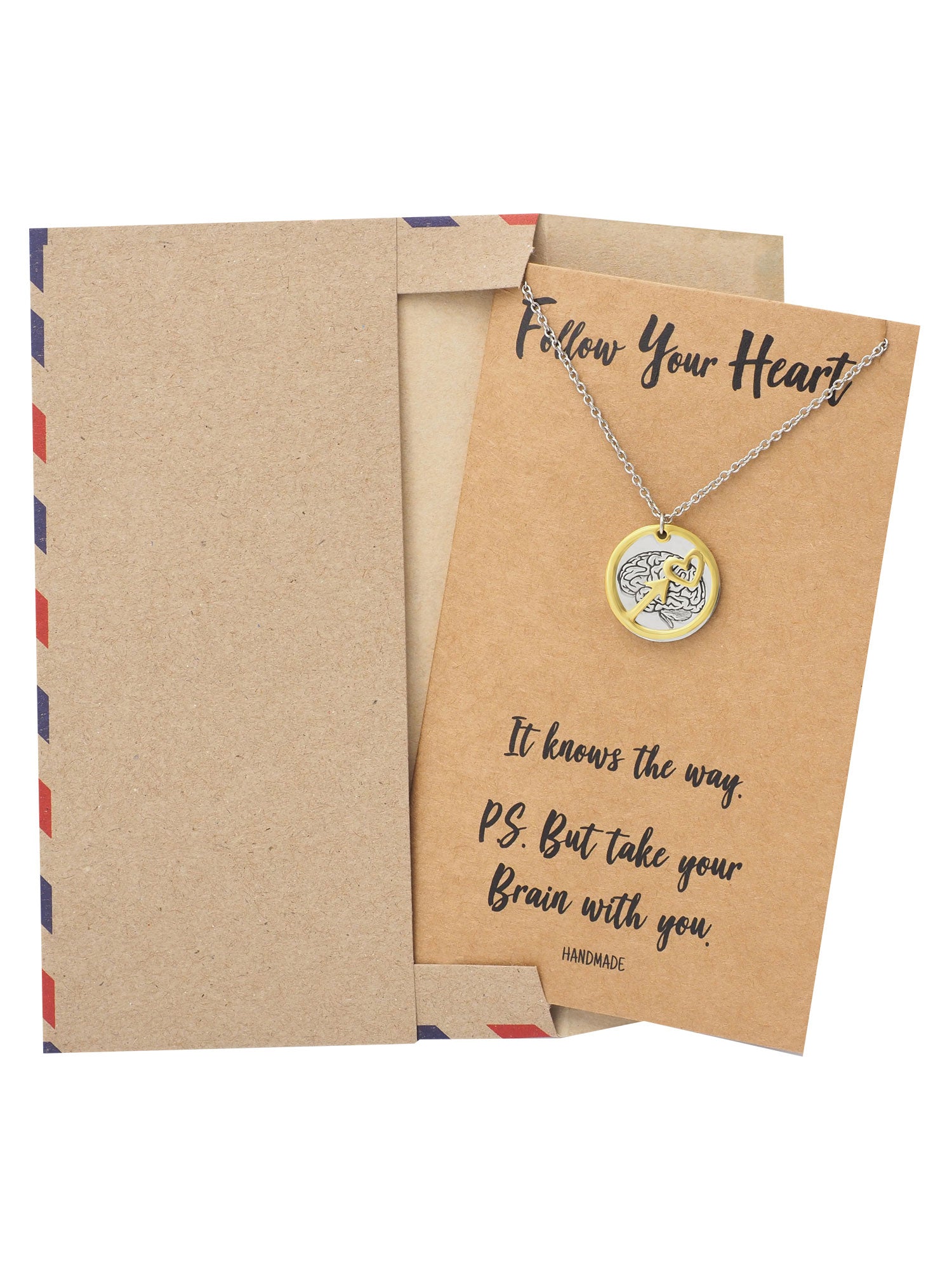 Coline Heart Arrow and Brain on Plate Pendant Necklace Inspirational Quote Greeting Card
