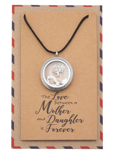 Eurika Locket Necklace with Mother Daughter Birds and Tree Charms and Greeting Card