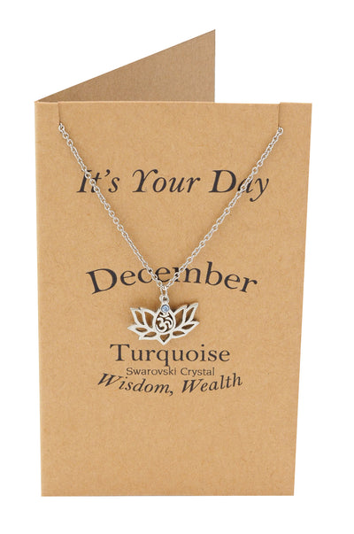 December Birthday Cards Lotus Flower Birthstone Necklace