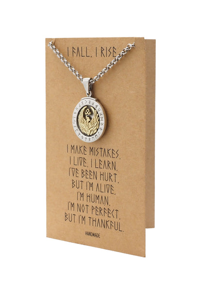 Fanny Phoenix on Plate Pendant Women Necklace, Bird Charm with Motivational Quote Card