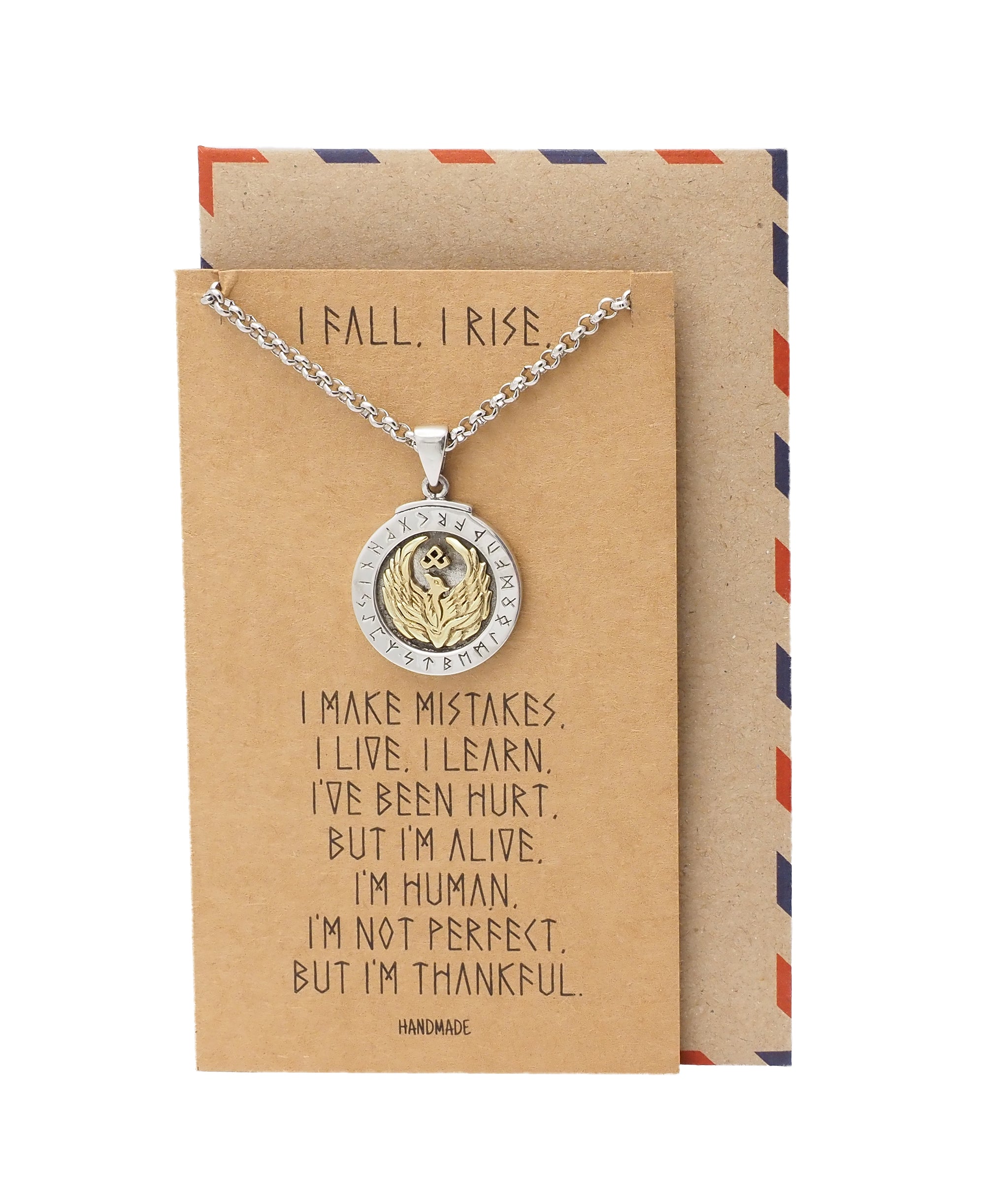 Fanny Phoenix on Plate Pendant Women Necklace, Bird Charm with Motivational Quote Card