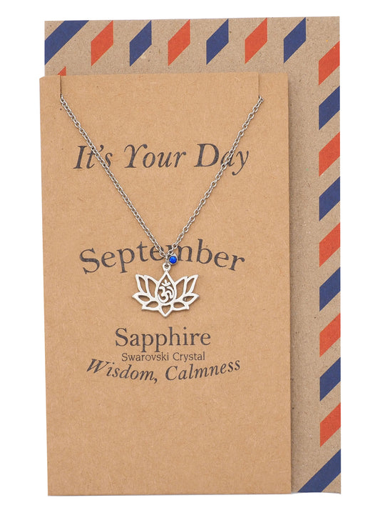 Nancy Lotus Flower Necklace with September Birthstone and OM Symbol Pendant
