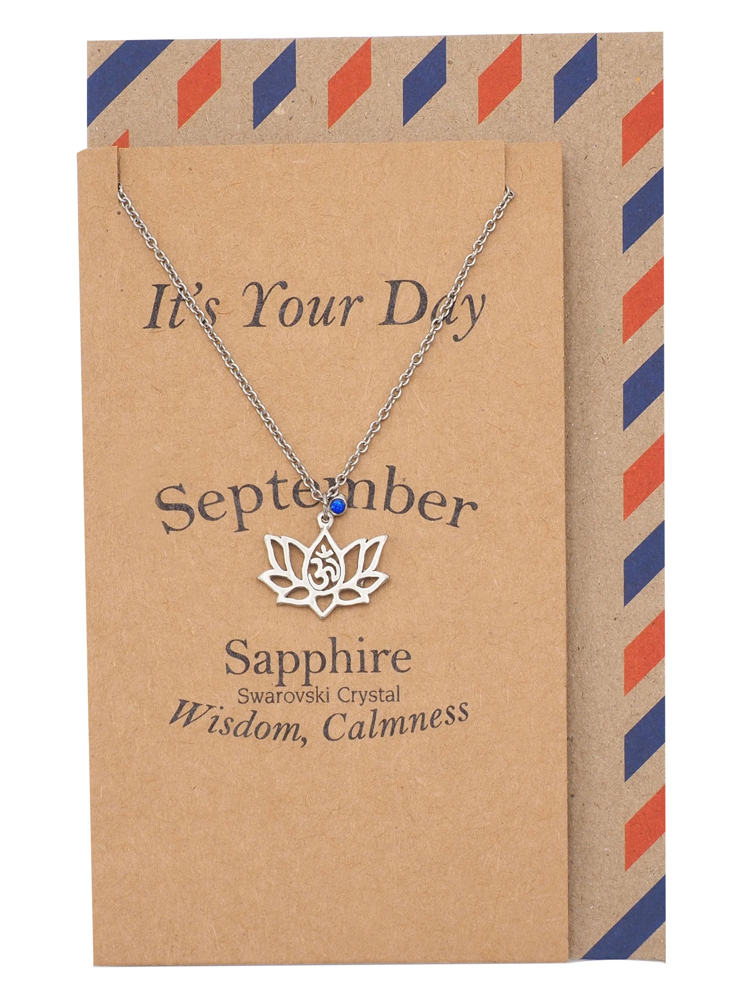 Nancy Lotus Flower Necklace with September Birthstone and OM Symbol Pendant