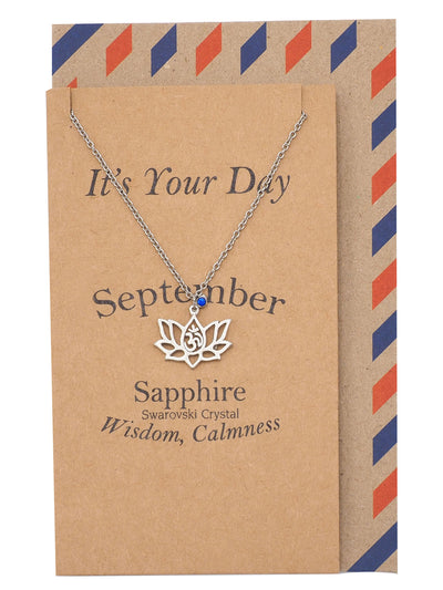 Nancy Lotus Flower Necklace with September Birthstone and OM Symbol Pendant