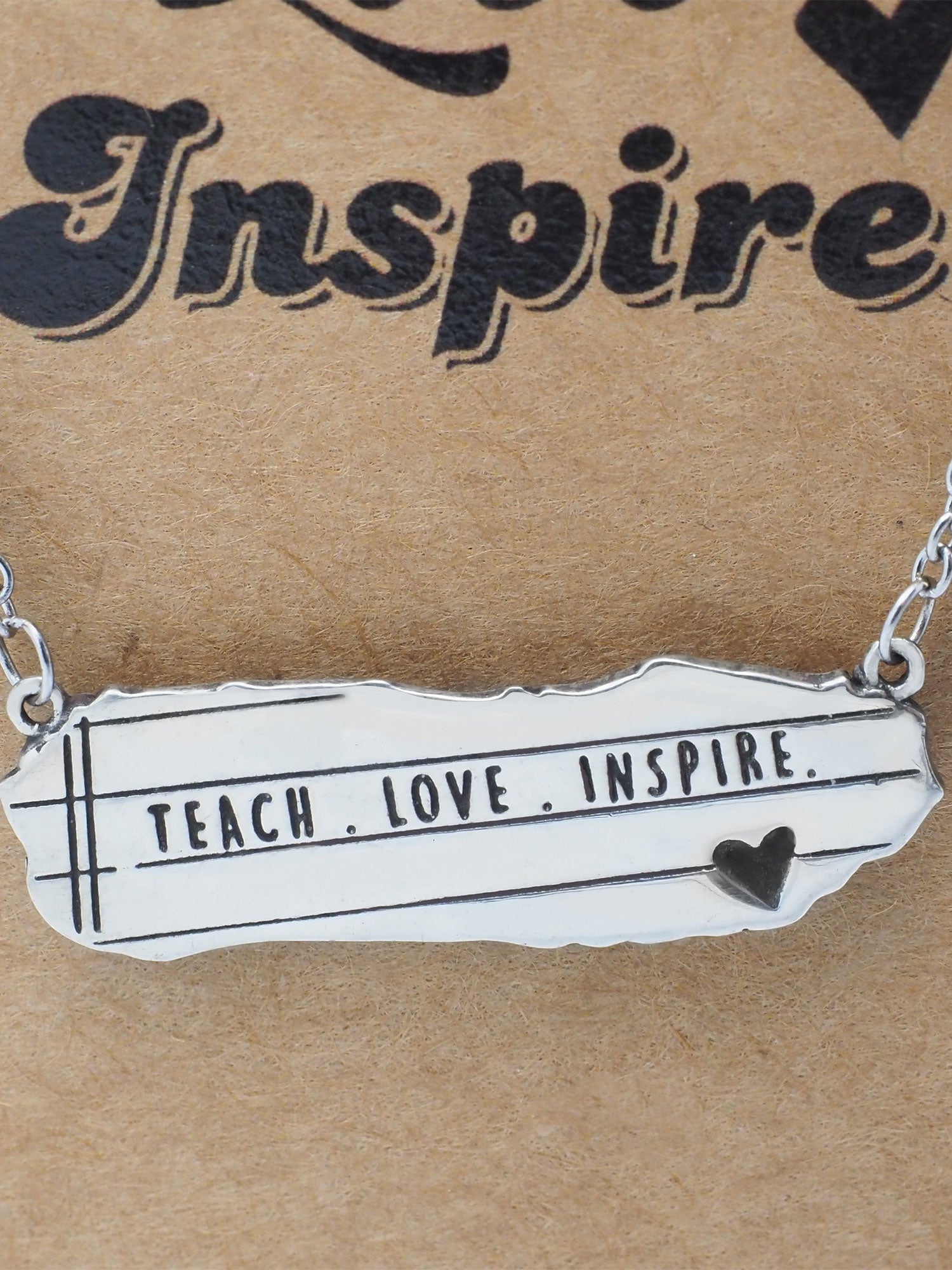 Lila Bar Pendant with Notebook Charm & Teach Love Inspire Inscription