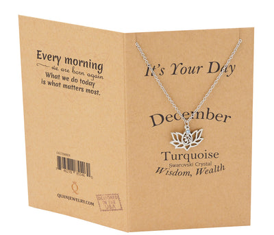 December Birthday Cards Lotus Flower Birthstone Necklace