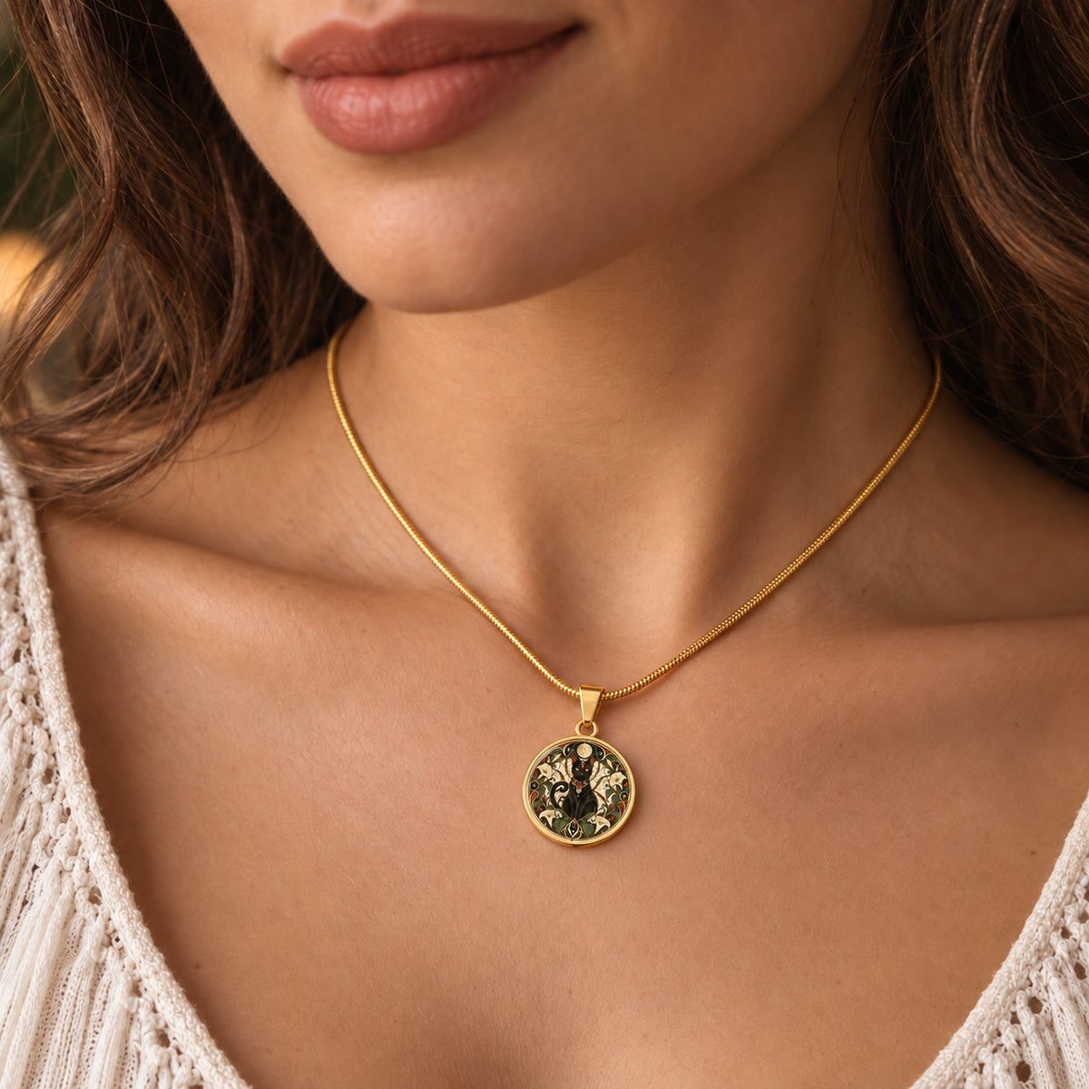 Moonlit Black Cat necklace worn on a gold chain
